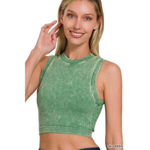 Stone Washed Ribbed Seamless Crop Tank Top Zenana